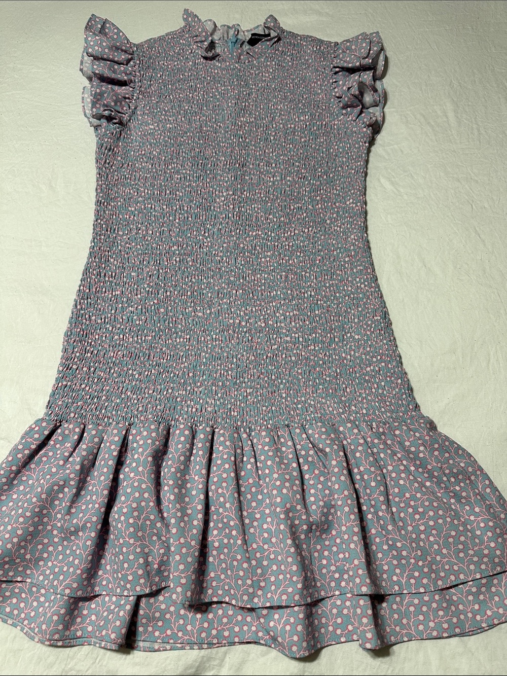 French Connection Girls' Smocked Mini Dress in Dusty Blue and Pink